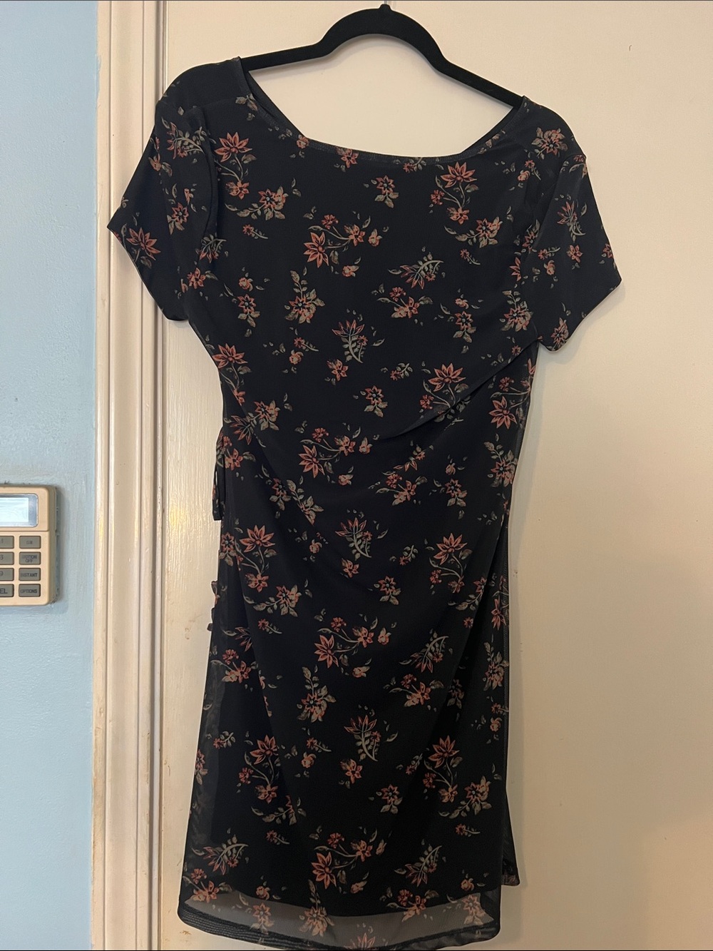 SO Black Floral Midi Wrap Dress with Rust Pink Flowers - Picture 2 of 2